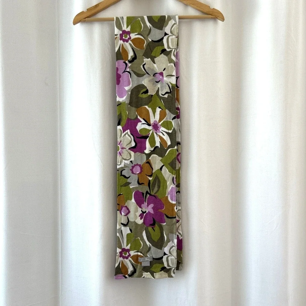 Vera Bradley Women Green Purple Floral Knit Scarf Viscose Cotton Blend Botanical